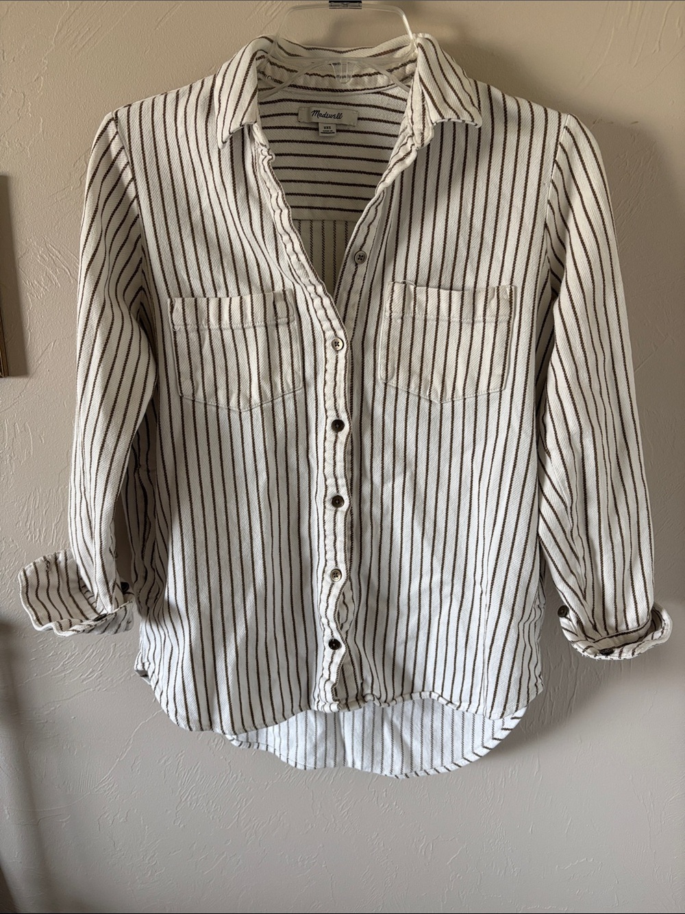 Madewell Cream Button-Up Shirt with Brown Pinstripes